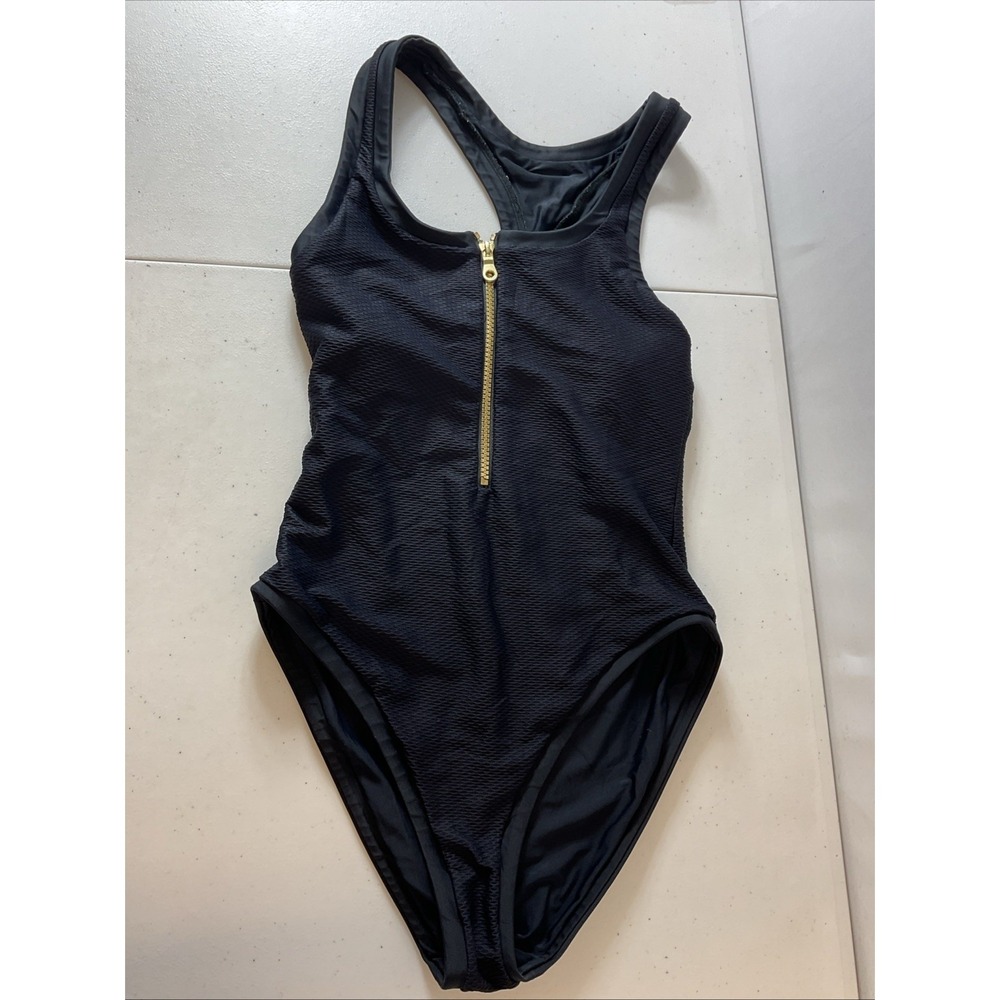 Heidi Klein One Piece Swimsuit Womens Black Gold zip up textured sexy SM